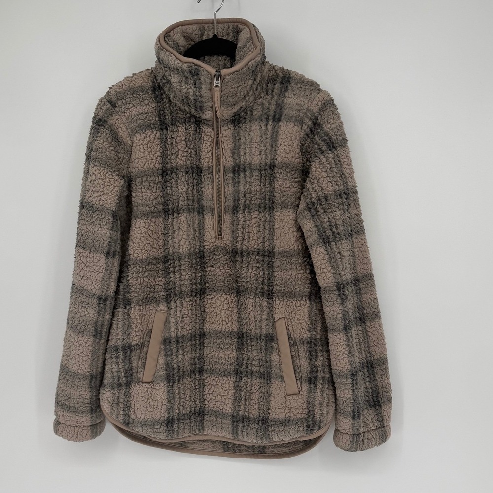 Abercrombie & Fitch Sherpa Fleece Quarter Zip Plaid Pullover Jacket pink Grey S